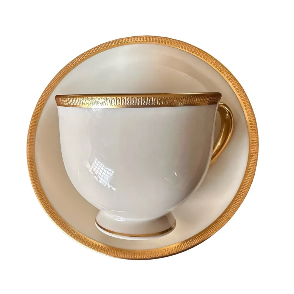 LENOX Tuxedo Collection Ivory Bone China Cup & Saucer (set of 3) Gold Encrusted